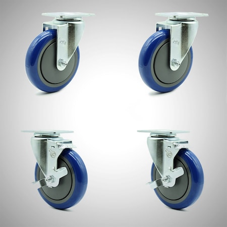 Service Caster 5 Inch SS Blue Polyurethane Swivel Top Plate Caster Set with 2 Brakes SCC SCC-SS20S514-PPUB-BLUE-2-TLB-2